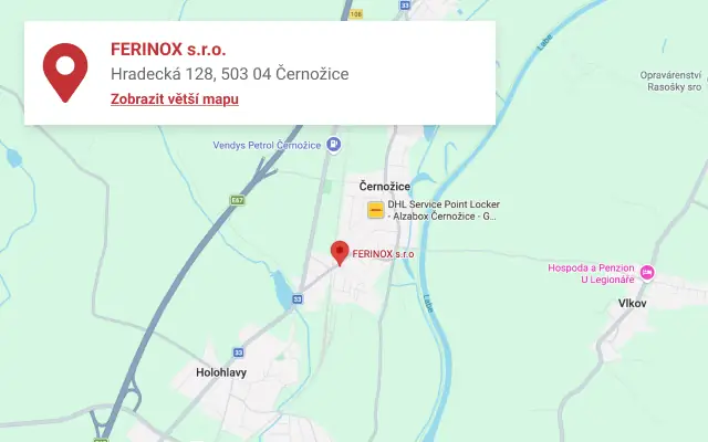 Mapa s vyznačením expedičního skladu FERINOX, Hradecká 128, Černožice